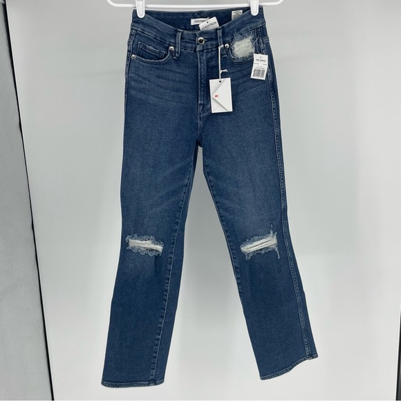GOOD AMERICAN NWT GOOD CURVE RIPPED HIGH WAIST ANKLE STRAIGHT LEG JEANS 0/25 - Picture 2 of 12